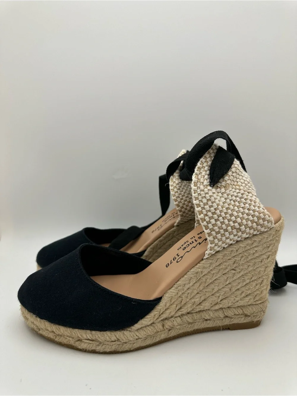 Gaimo Spain Closed Toe Women’s Black Espadrille Wedge Sandals with Ankle Wrap